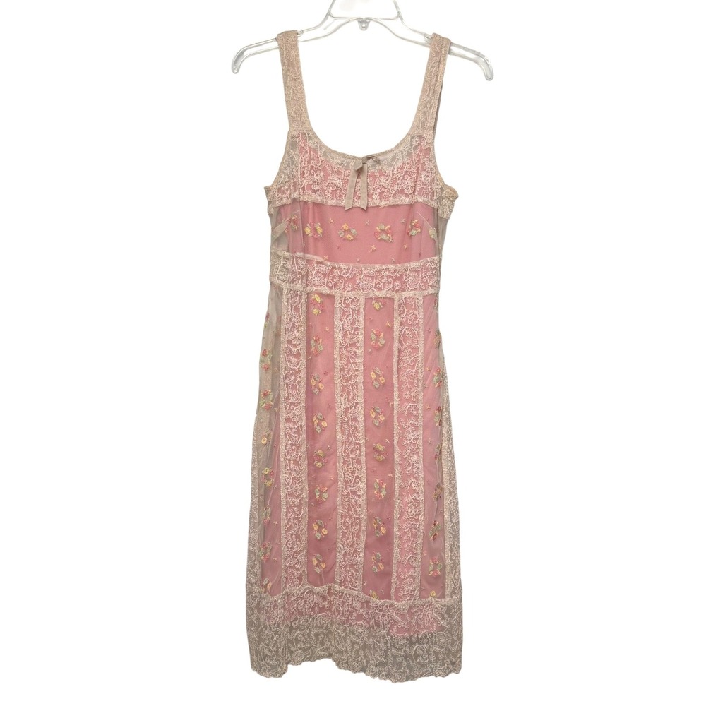 Pink Lace Embroidered Floral Midi Dress Small Cottagecore Coquette Boho